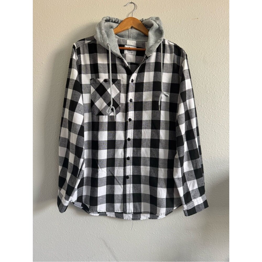 Large Buffalo plaid shacket with gray hoodie, checkered button up.